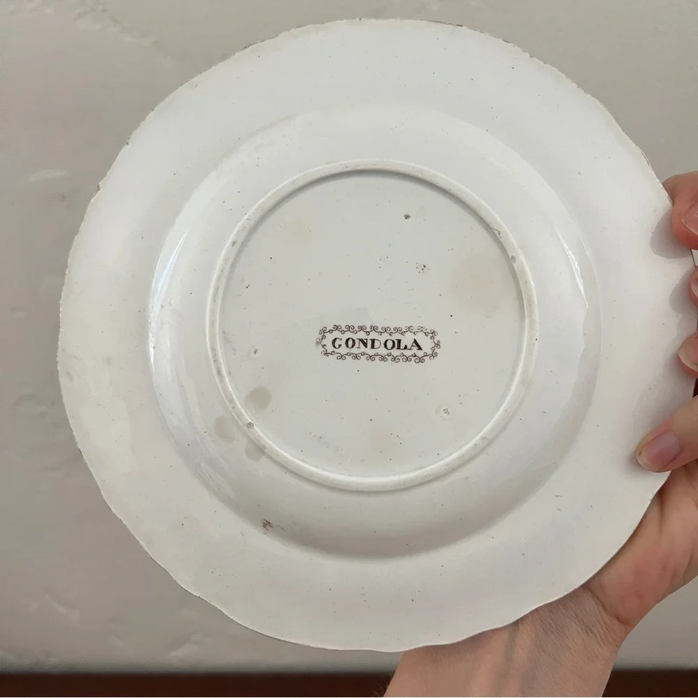 Set 4 Antique English Transferware Gondola Boat Brown White Scallop Plates 1830s
